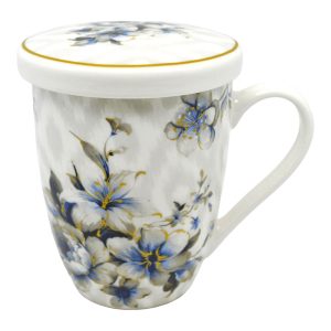 ANKOR Κούπα Με Καπάκι Πορσελάνης Μπλε Λουλούδια 340ml