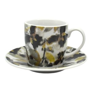 ANKOR Σετ 6 Φλυτζάνια Καφέ Πορσελάνινα Μαύρα Χρυσά Λουλούδια