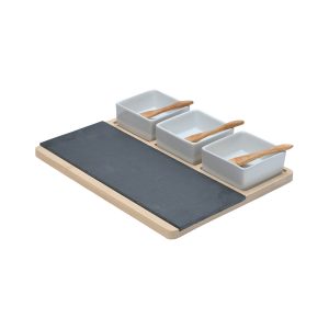 Estia Πλατώ Σερβιρίσματος Σχιστόλιθου Με Ξύλινη Βάση & 3 Μπολ Με Κουτάλι 28x11cm